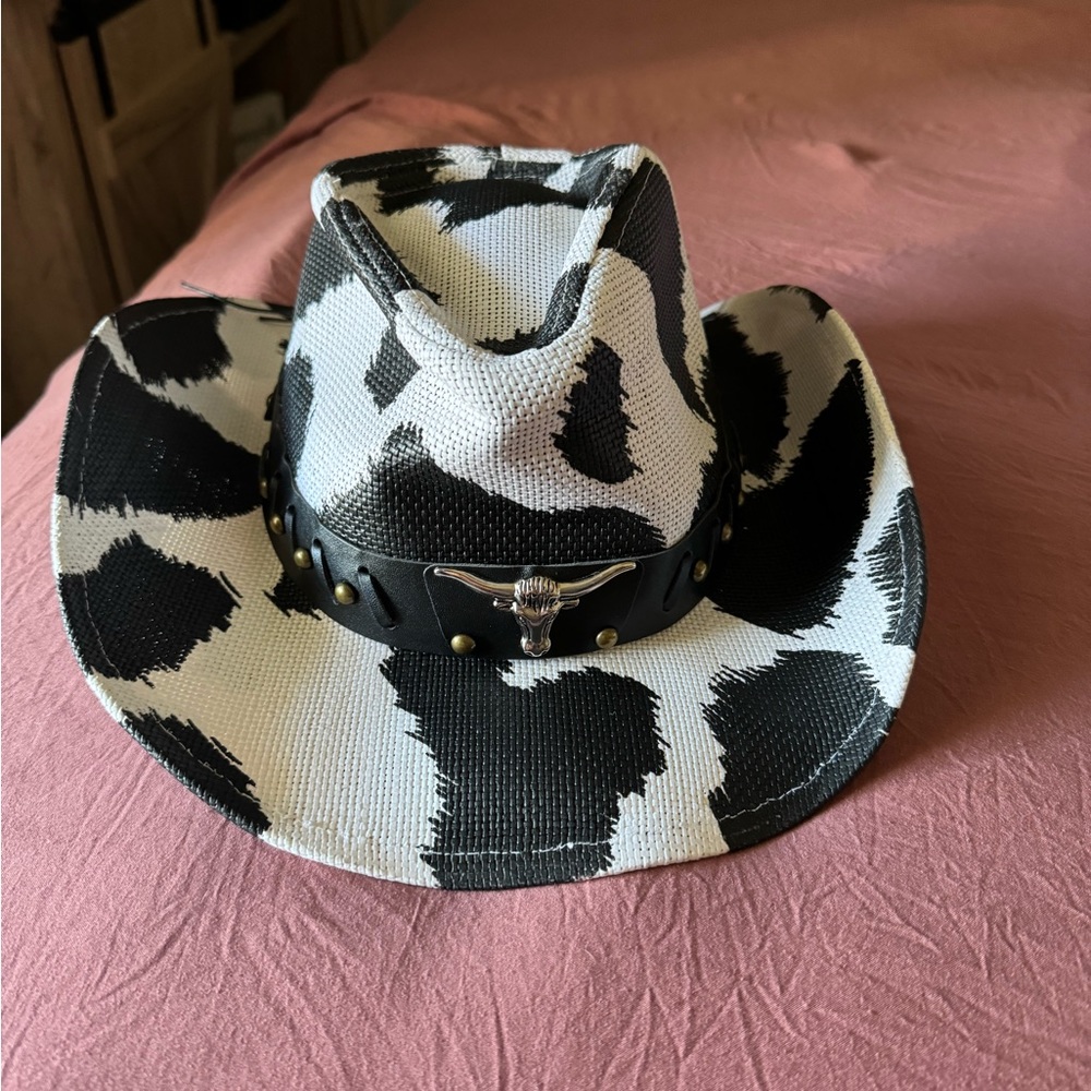 Cow print cowgirl hat